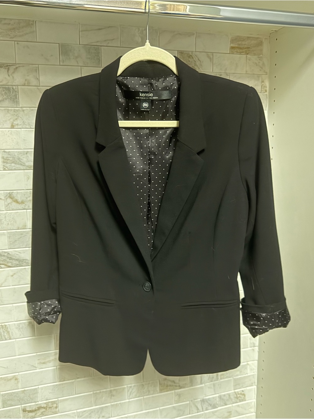 kensie Black Women's Single-Button Blazer with Polka Dot Lining